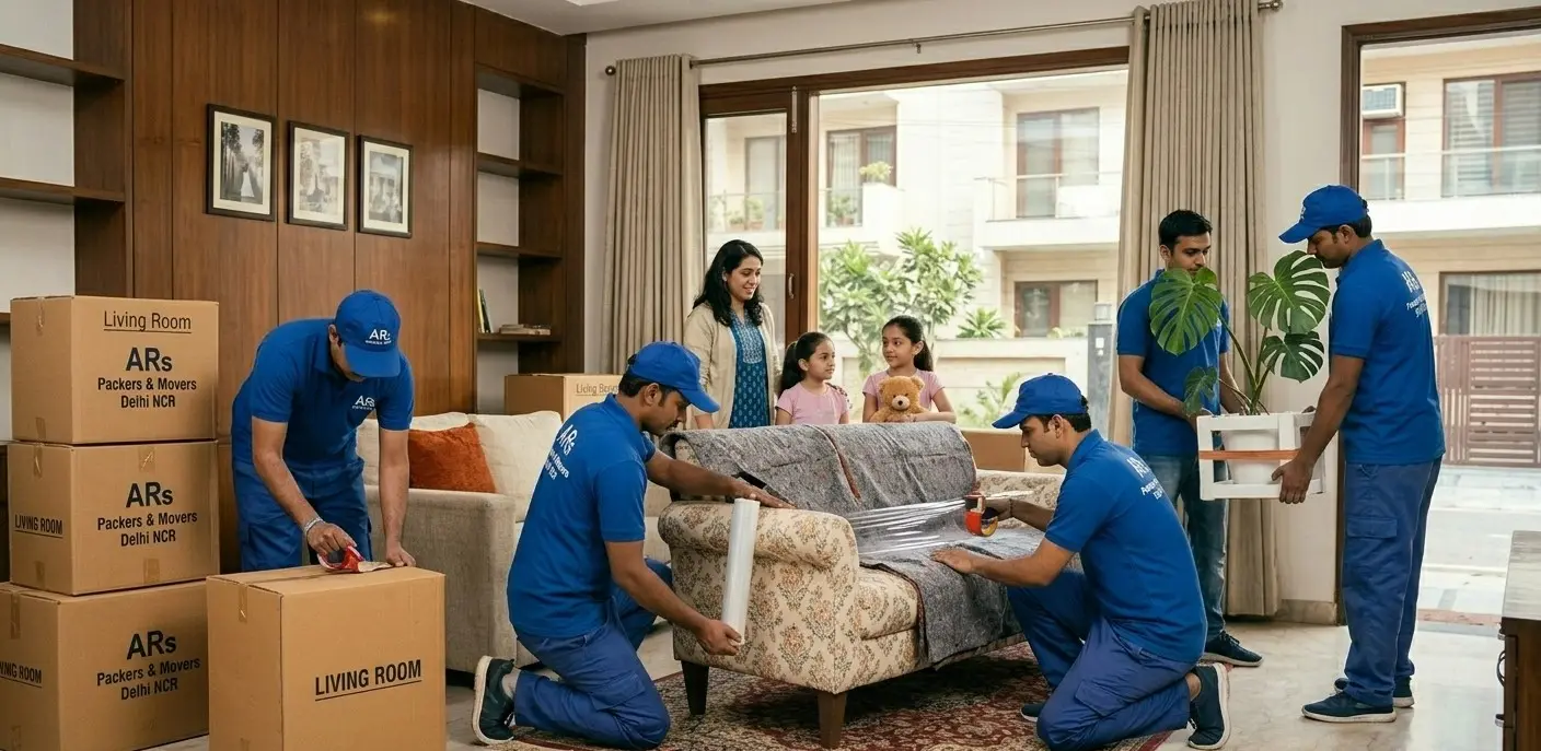 A professional household shifting team carefully packing furniture in a Delhi NCR home