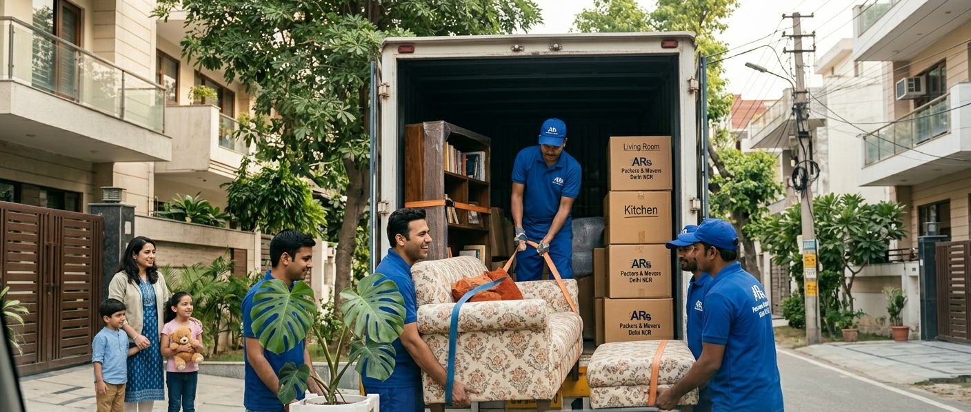 AR Packers & Movers crew carefully loading household furniture into a GPS-tracked truck in Delhi NCR