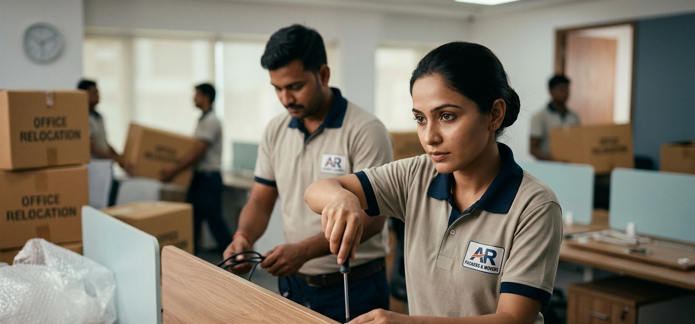 AR Packers & Movers corporate team carefully dismantling workstations before office relocation in Delhi NCR