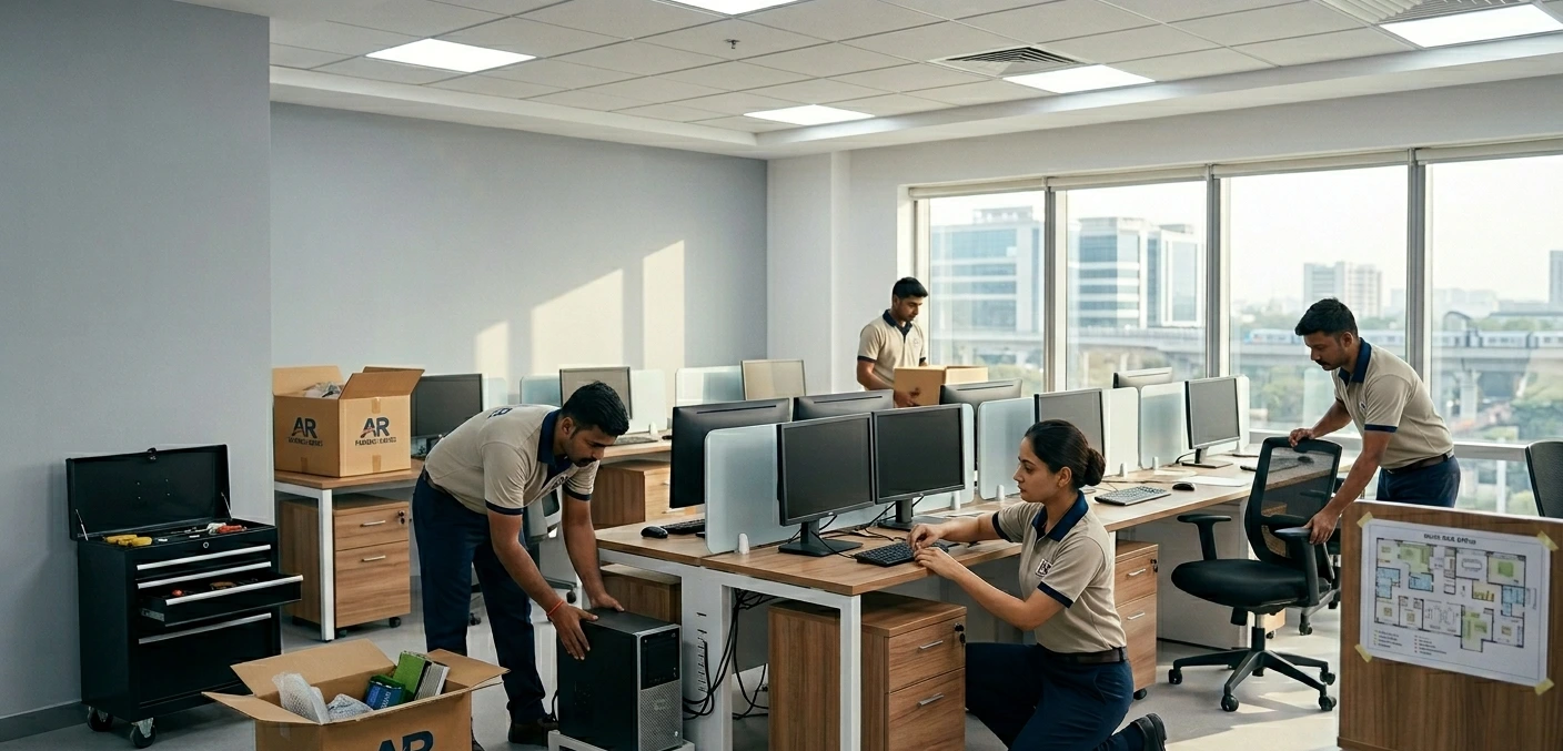Professional office relocation team setting up workstations at new Delhi NCR office premises
